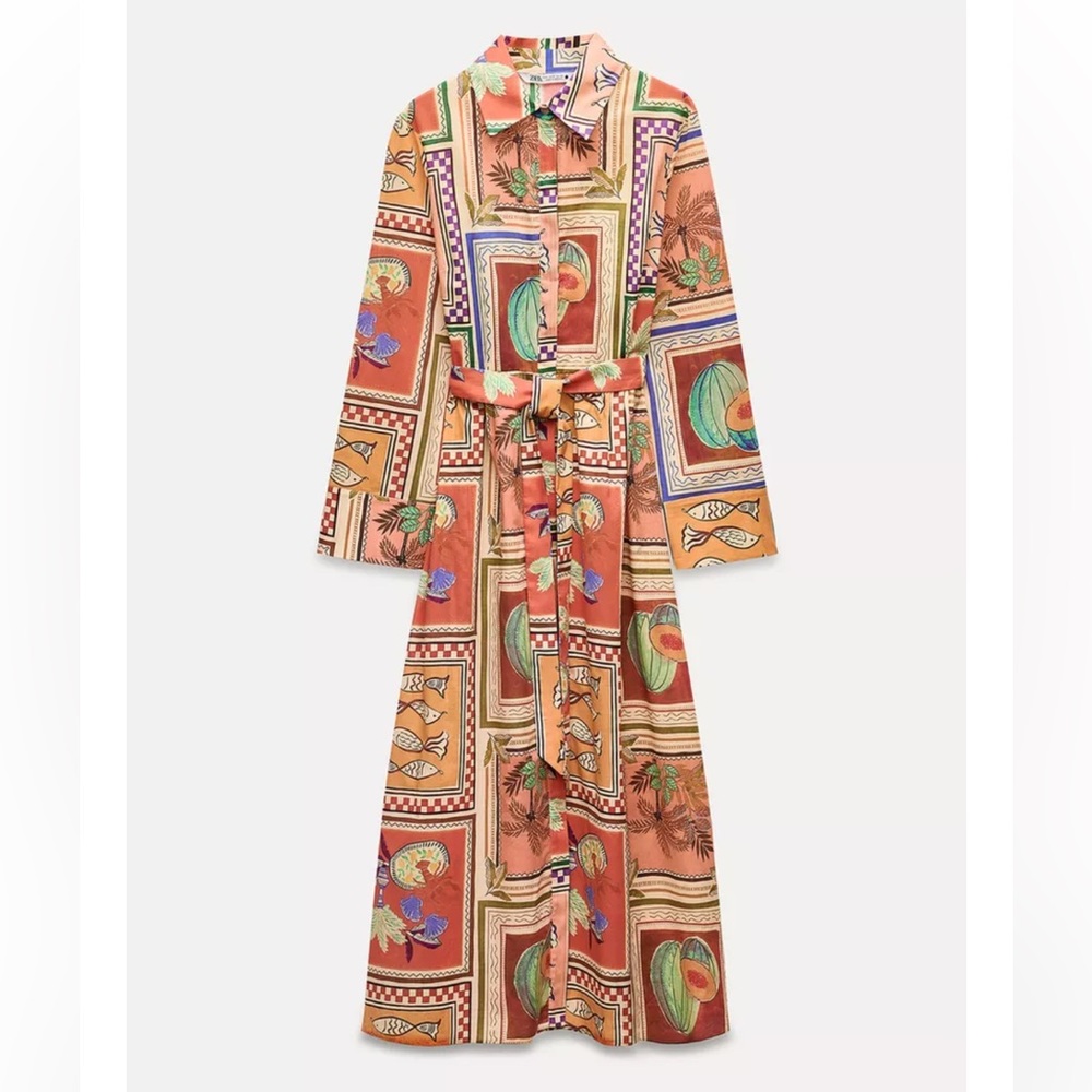 Zara Long Sleeve Maxi Shirt Dress in Peach Multi-Print